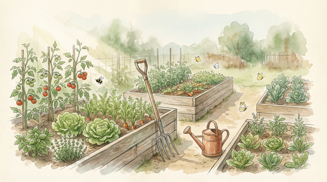 Illustration aquarelle d'un potager français avec carrés surélevés, tomates, choux et arrosoir